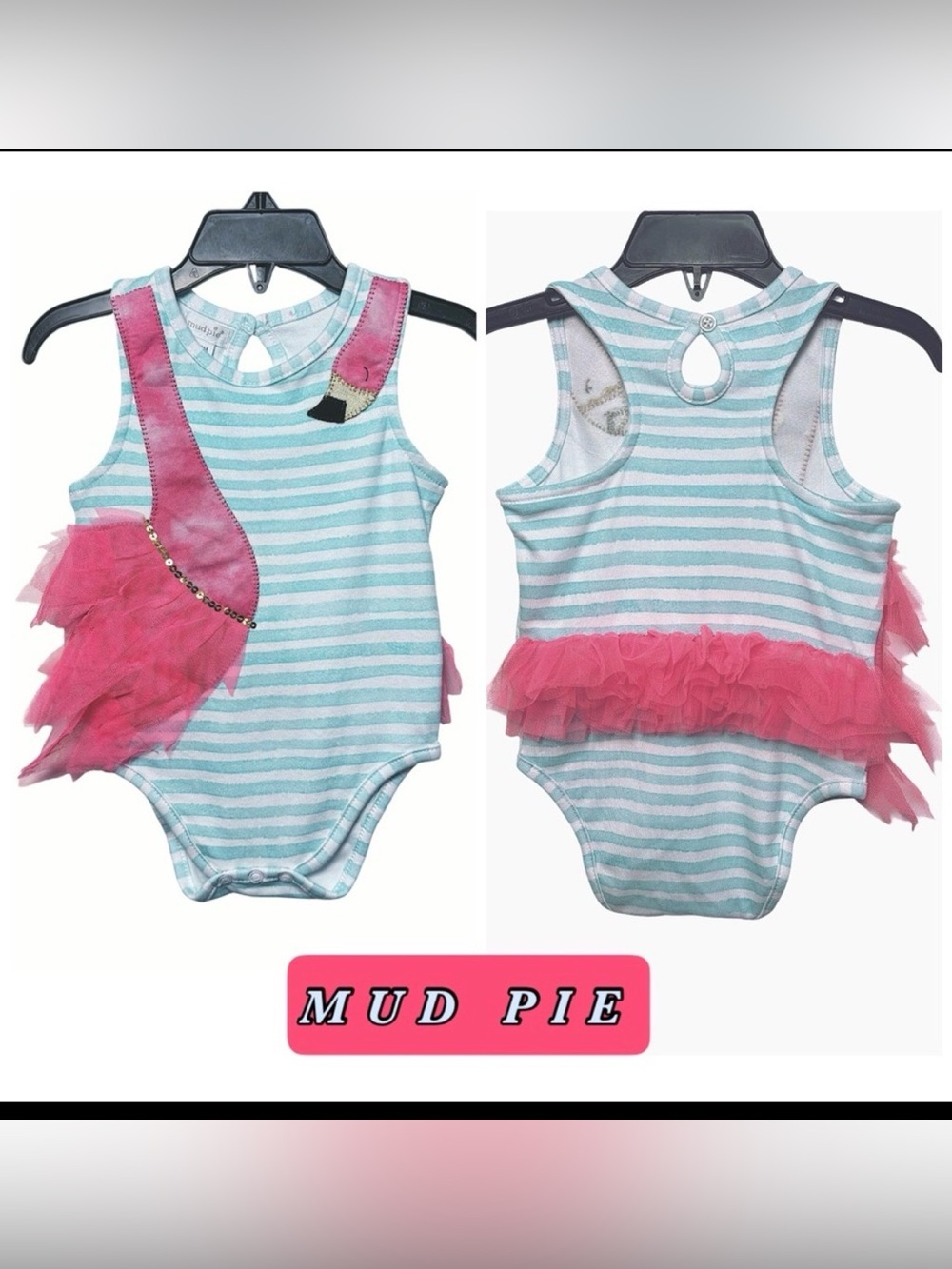 Mudpie Blue Striped Flamingo Pink Tulle Feather/Back Ruffle Infant Romper 9-12 M